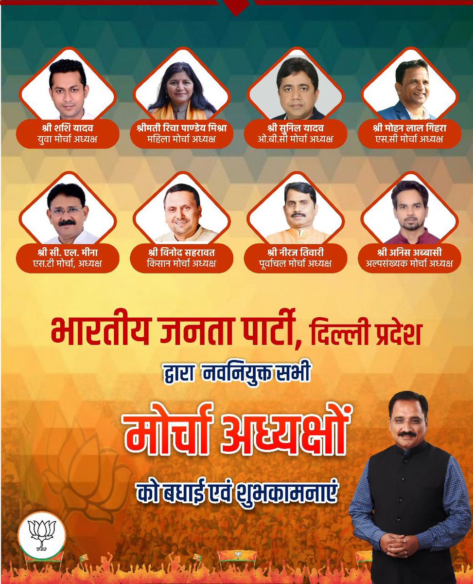 भारतीय जनता पार्टी, दिल्ली प्रदेश द्वारा नवनियुक्त सभी मोर्चा अध्यक्षों को हार्दिक बधाई व शुभकामनाएँ !