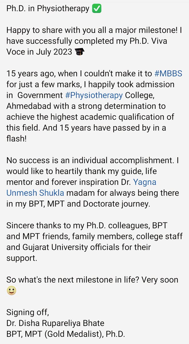 dr_rupareliya's tweet photo. Ph.D. in Physiotherapy ✅

Happy to share with you all a major milestone! I have successfully completed my Ph.D. Viva Voce in July 2023 🎓 https://t.co/ZBNtXIGHWJ