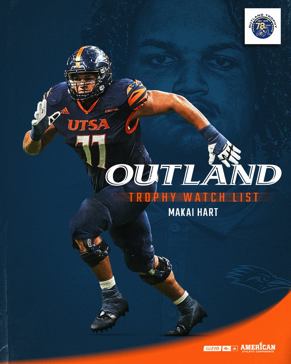 UTSAFTBL's tweet photo. 𝐎𝐔𝐓𝐋𝐀𝐍𝐃 𝐓𝐑𝐎𝐏𝐇𝐘 𝐖𝐀𝐓𝐂𝐇 𝐋𝐈𝐒𝐓

Brandon Brown and Makai Hart have earned spots on the Outland Trophy Watch List!

🔗https://t.co/A3ela01Wp3

#210TriangleOfToughness
#LetsGo210 | #BirdsUp 🤙 https://t.co/s3BxygCP0y