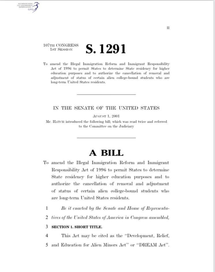 On this day in 2001, 22 years ago, the Development, Relief, and Education for Alien Minors Act (S.B. 1291), was introduced in the United States Senate by Democrat Sen. Dick Durbin and Republican Sen. Orin Hatch.

I was 13 years old, I’m now 35. 

There is still no #DREAMAct.