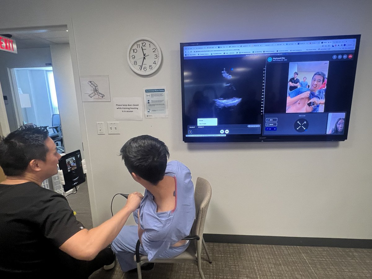 Ultrasound fellow @dchu1201 educating on everything #lungpocus (what makes a b line?) and faculty of the week @onyi_eke leading #cardiacpocus 101 followed by how to use #teleultrasound @ButterflyNetInc