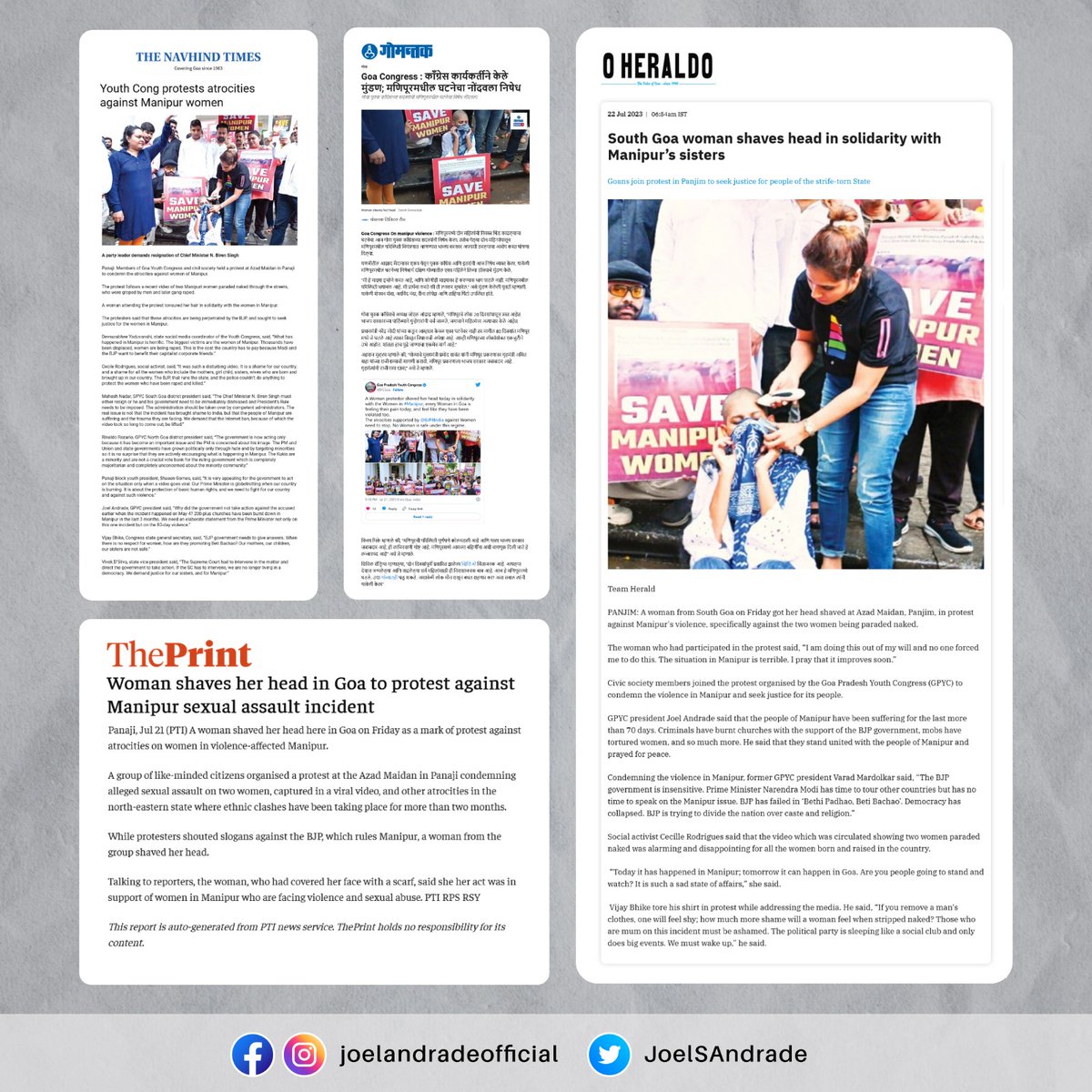 JoelSAndrade's tweet photo. Here's a glimpse of the extensive media coverage received for the protest organised by the Goa Pradesh Youth Congress to condemn the Manipur violence. https://t.co/ufAHF83cKb