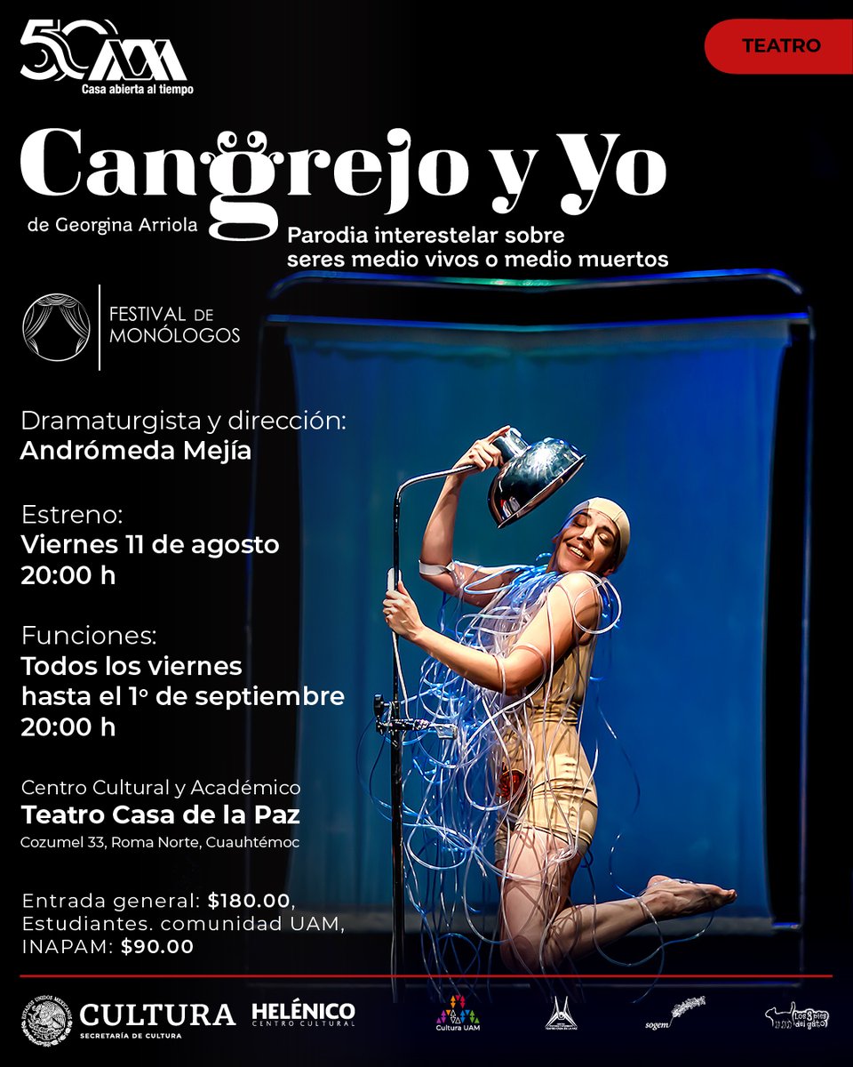 Cangrejo y yo se presentará en el marco del Primer Festival de Monólogos de la Ciudad de México en el Teatro Casa de la Paz los Viernes 11, 18 y 25 de Agosto y 1º de Septiembre de 2023 a las 20:00 h.
