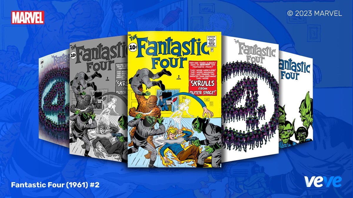 The first appearance of the Skrulls!

<a href="/Marvel/">Marvel Entertainment</a>'s Fantastic Four (1961) #2 features VeVe-Exclusive Rare &amp; Ultra Rare covers by <a href="/WillSliney/">Will Sliney</a> and Frank D’Armata. Drops in blind box Waitlist format Thu, 3 Aug at 8 AM PT: veve.me/post/marvel-di…

#CollectorsAtHeart 💙