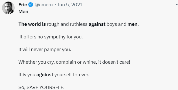 soowiti2's tweet photo. @amerix Three things: 
- Don't kick your fellow man when he is already down.   - A man accepts responsibility for his failures. He blames no one.  
- Be in motion. Never stop. https://t.co/eMPaGcNsLH