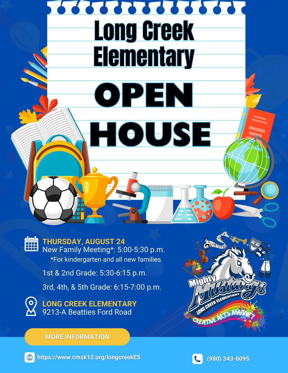 longcreek_cms's tweet photo. Long Creek will host Open House on Thursday, August 24. We are excited to welcome our students and families.

New Family Meeting (media center)-5:00-5:30

Kindergarten and all new families
Session 1-5:30-6:15 
1st &amp; 2nd grade 

Session 2-6:15-7:00
3rd, 4th, and 5th grade https://t.co/SPWIdnL4oB