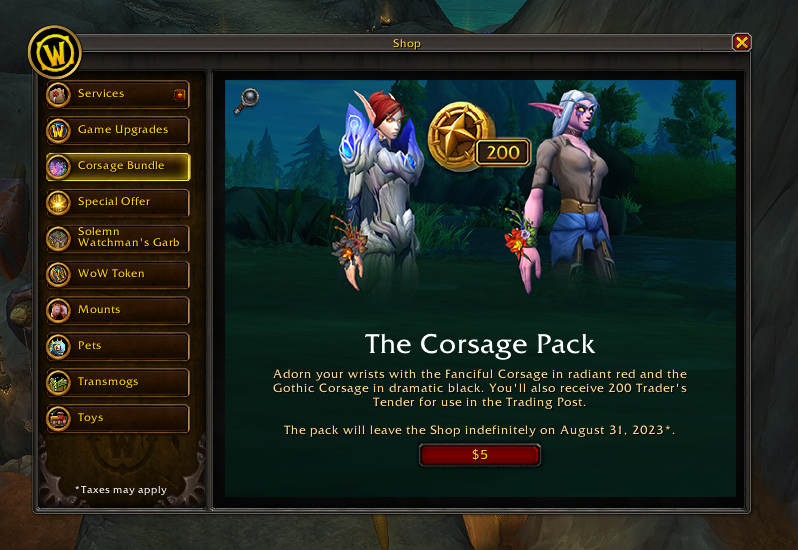 Wowhead's tweet photo. 200 Trader's Tender is available in the newest shop bundle! 

The Corsage Pack costs $5.00 USD and gives 200 Trader's Tender and 2 Wrist Accessories.

#Dragonflight #Warcraft 

https://t.co/TRU2aaTEz3 https://t.co/WJuHxfGig4
