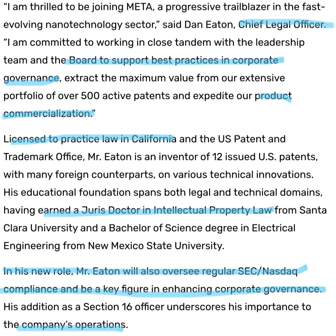 FuzzyMunky_'s tweet photo. $MMAT our new Chief Legal Officer hire is of great importance.

Will oversee Nasdaq/SEC compliance and integral to corporate governance. In addition to META product commercialization.

Can be said CLOs are “guardians of the conscience of the company. #GoBeyond 🦋 #METADD #Truth https://t.co/azuB8HlREl