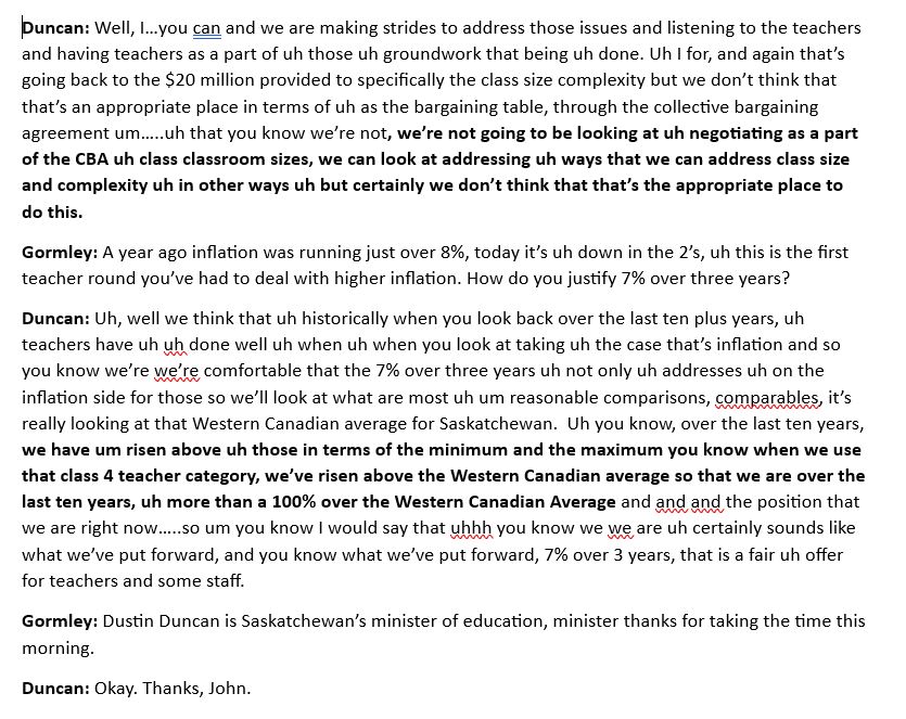Here is the "verbatim" transcript of Dustin Duncan on the John Gormley show, this AM, Aug 1st.  I plan to look over much of the bolded text to debate later but perhaps those out there on SK Twitter would like to join me.  

Retweet away! Teacher supporters and nay sayers alike!
