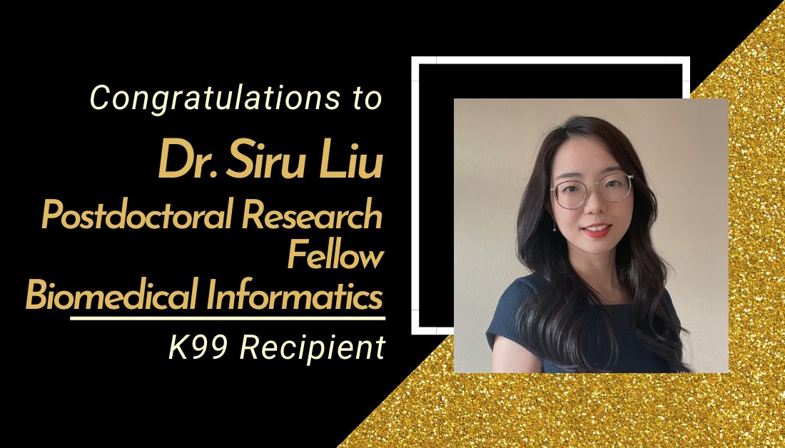 @siru_liu @VanderbiltU @adamatw @VUMC_VCLIC She also received a K99 from @NLM_NIH: Optimizing Clinical Decision Support Alerts Using Explainable Artificial Intelligence (XAI). 

Mentors: 
@adamatw
@allisonbmccoy
@deansittig
@JoshPetersonMD
& Tom Lasko #EFSkudos @EFSInsideScoop