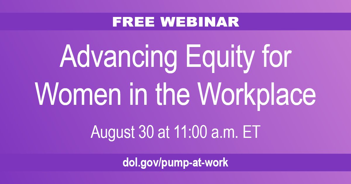 WHD_DOL's tweet photo. 📅 Join us 8/30 for a free webinar on the Pregnant Workers Fairness Act, PUMP for Nursing Mothers Act, workplace laws and more. 

Register now ⤵️ 
https://t.co/SrM1tcQAoZ

@WB_DOL @USEEOC @OSHA_DOL #OFCCP #PWFA #PUMPAct https://t.co/RUQ3NU5Tvo