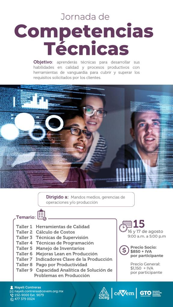 CEVEMCapacita's tweet photo. JORNADA DE COMPETENCIAS TÉCNICAS

🗓️🕚 FECHA | HORA:
15, 16 y 17 de agosto

⏰ 9:00 am a 5:00 pm 

📍 Instalaciones de CICEG

💰 INVERSÍON:
Precio Socio: $850 + IVA por participante
Precio general: $1,150 + IVA por participante

➡️ REGÍSTRATE AQUÍ:
https://t.co/u2lbIUhpYg https://t.co/519MIiXkAu