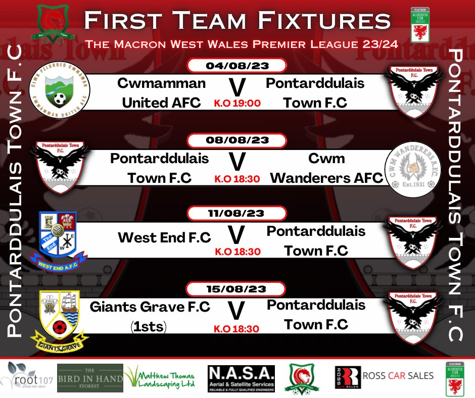 PontarddulaisFC's tweet photo. Football is BACK! We kick off our new season in the Macron West Wales Premier league this coming Friday. All support will be greatly appreciated so get up to Grenig Park for a 7.00 k.o. and cheer the boys on. #footballseason #ptfc #pontarddulaistownfc #football #cotb https://t.co/0Yi7pl9avm