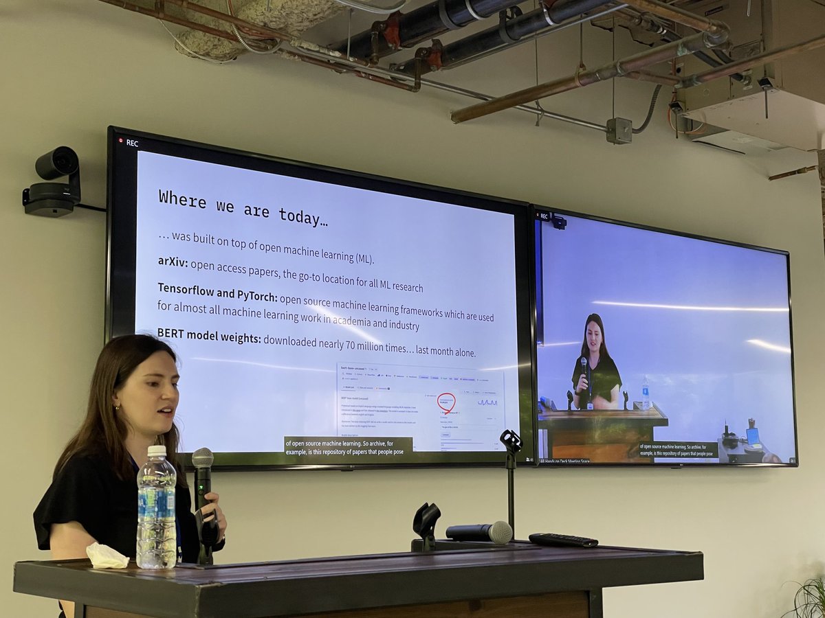 ⁦⁦<a href="/huggingface/">Hugging Face</a>’s ⁦<a href="/katieelink/">Katie Link</a>⁩ starting off her talk on open biomedical ML at ⁦<a href="/Sagebio/">Sage Bionetworks</a>⁩ with some incredible data point - BERT weights were downloaded more than 70M times from ⁦<a href="/huggingface/">Hugging Face</a>⁩ last month alone 😳