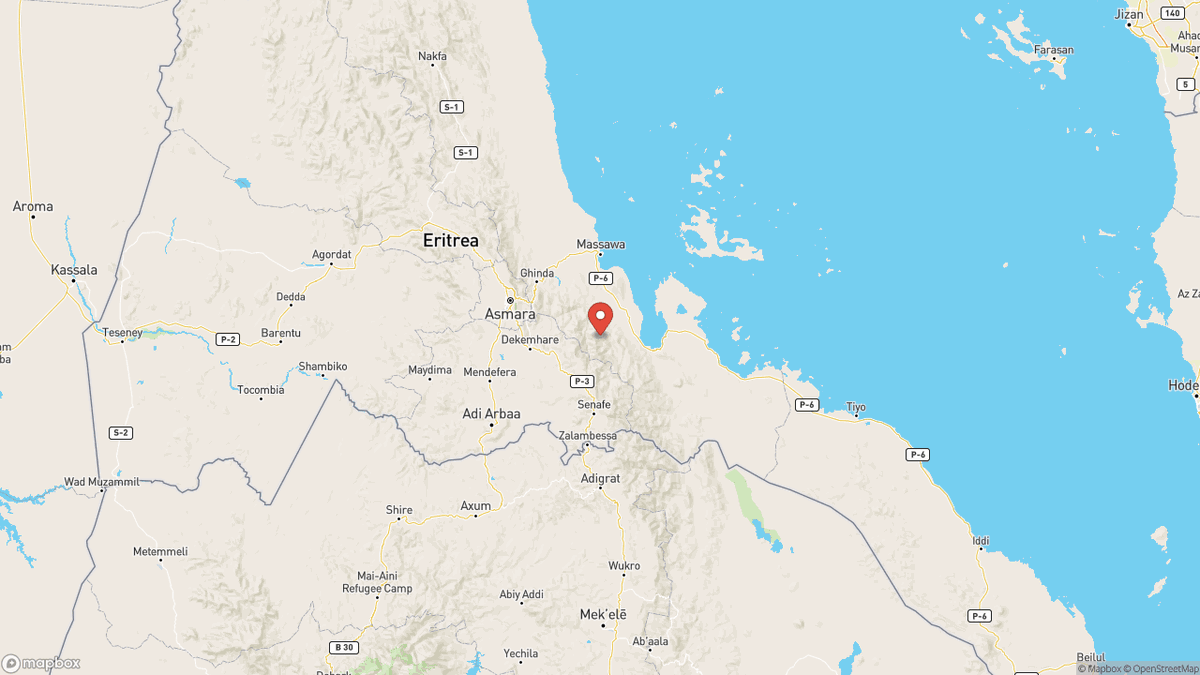 QuakeAlerts's tweet photo. A magnitude 5.5 earthquake took place 34km NNW of Adi Keyh, Eritrea at 17:15 UTC (7 minutes ago). The depth was 10km and was reported by GFZ. #earthquake #earthquakes #AdiKeyh #Eritrea https://t.co/rzlhJkvTf3