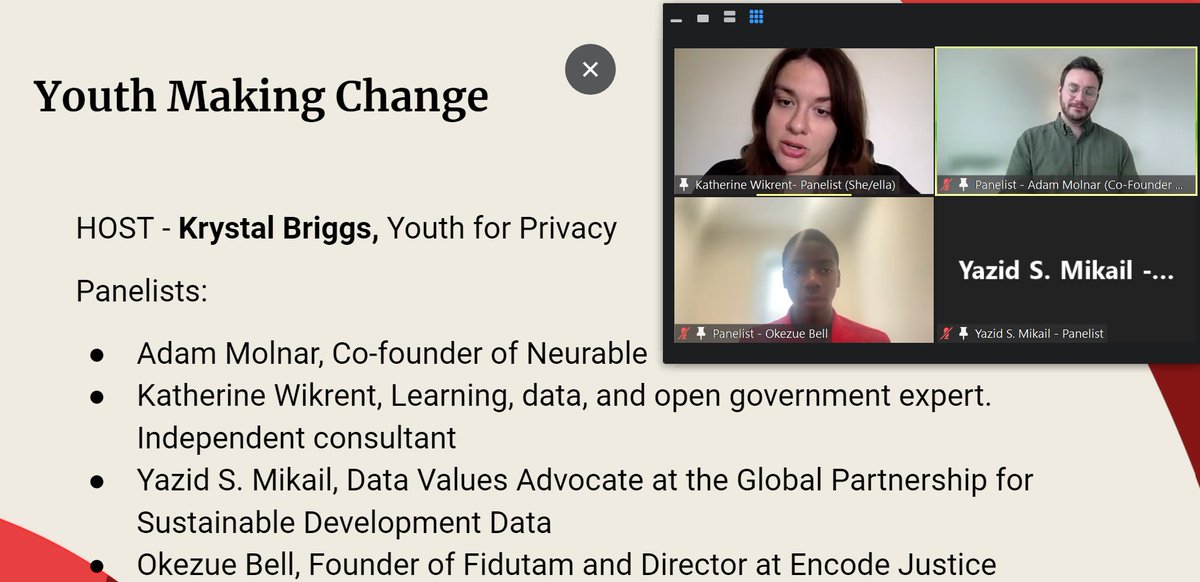#HappeningNow

Youth Panel with Changemakers is happening right now as a part of #DataValues bootcamp.  

Hear from our young changemakers (Adam Molnar, Katherine Wikrent, Yazid S. Mikhail & Okezue Bell) as they share their advice on making data and privacy advocacy.