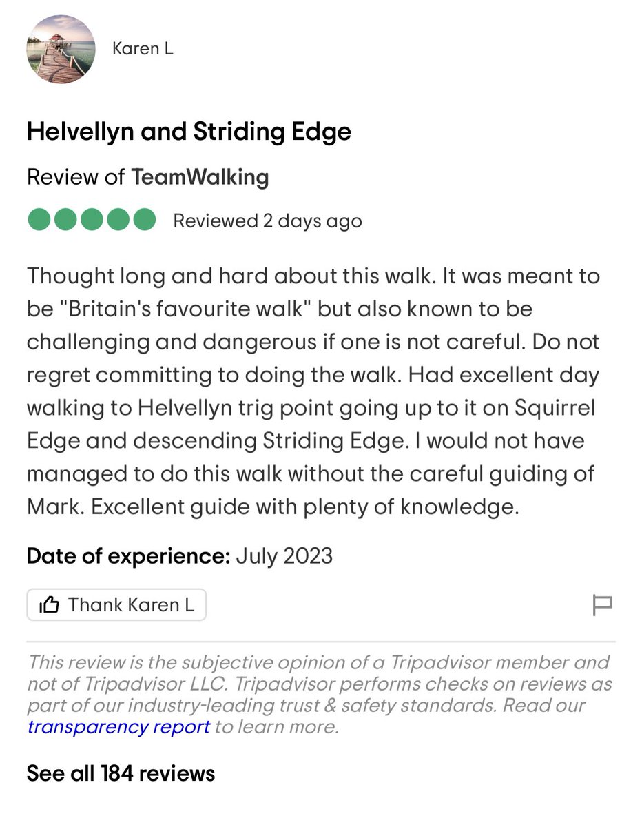 Another ⭐️⭐️⭐️⭐️⭐️review. Thanks Karen! As a Mountain Leader who’s taken 16,327 people out walking in the hills & mountains, my purpose is the health, safety & enjoyment of my clients. My vision is to share, inspire & empower people in the outdoors. tripadvisor.co.uk/Attraction_Rev…