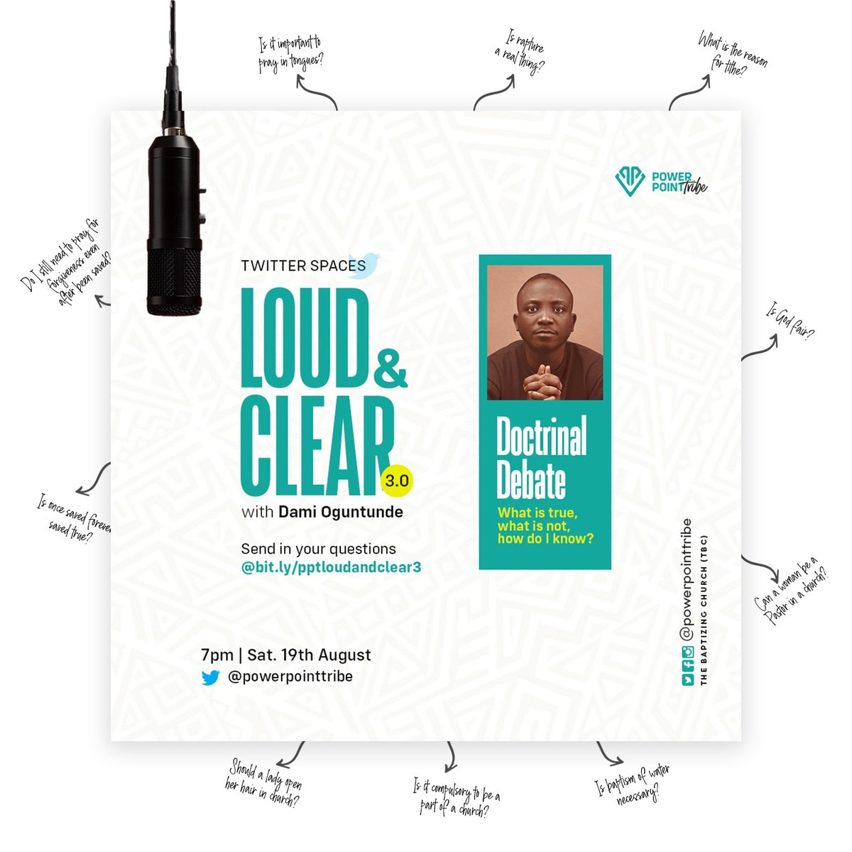 Happy New Month Friends🤩

This month, Loud &amp; Clear is back!!!!💃💃💃💃

And it's coming in big on X Spaces. Yes we've brought it here😎

🛑We wanna receive your Doctrinal Related Questions, as we host our Senior Pastor.

Send in your questions here bit.ly/pptloudandclea…