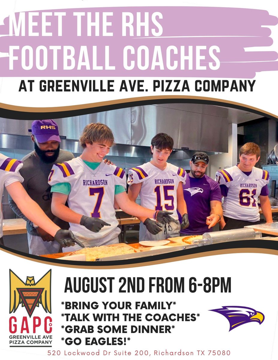 LiveByTheSlice's tweet photo. 🍕TOMORROW NIGHT! Meet your Richardson High School coaches at GAPCo Richardson!🦅 @Richardson1FB @RichardsonHS_FB @RHSABC
#Lockwood #Richardson #GAPCo #GAPC #LateNightEats #PizzaLife #PizzaCrack #GreenvilleAvenuePizzaCompany #GAPCoRichardson #DallasPizza #SlayPizza #PizzaSlayers https://t.co/kpLQaBsam4