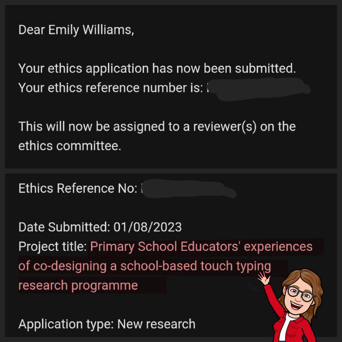 DrEmWilliams's tweet photo. So excited to have submitted an ethics app today ๐๐ฅณ
I'm about to starting working with some amazing teaching staff to #codesign my drafted typing research programme #TurboTyping
Afterwards, @Emily_EAL, @Dr_Crowther and I plan to investigate their experience of co-design! ๐ค https://t.co/cjNYJGRVWq