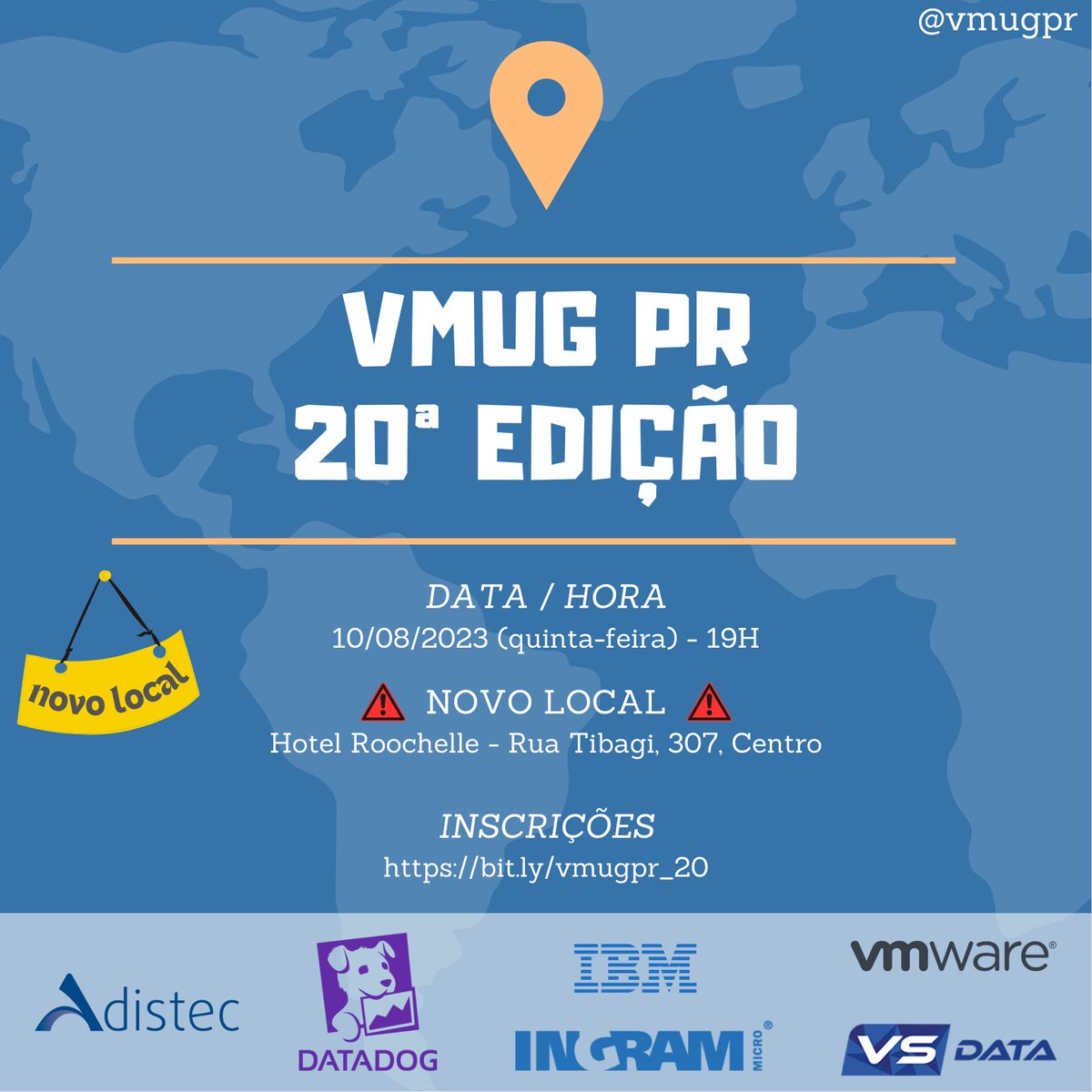 Se você estiver em Curitiba ou região, venha participar presencialmente do próximo #vmugpr. Ou, se preferir, assista online! Será dia 10/08 quinta-feira.   Inscrições em: bit.ly/vmugpr_20
⚠️LOCAL Hotel Roochelle
<a href="/MyVMUG/">VMware User Group</a> <a href="/datadoghq/">Datadog, Inc.</a> <a href="/VMware/">VMware</a> @adistec #vsdata #IBM #INGRAM