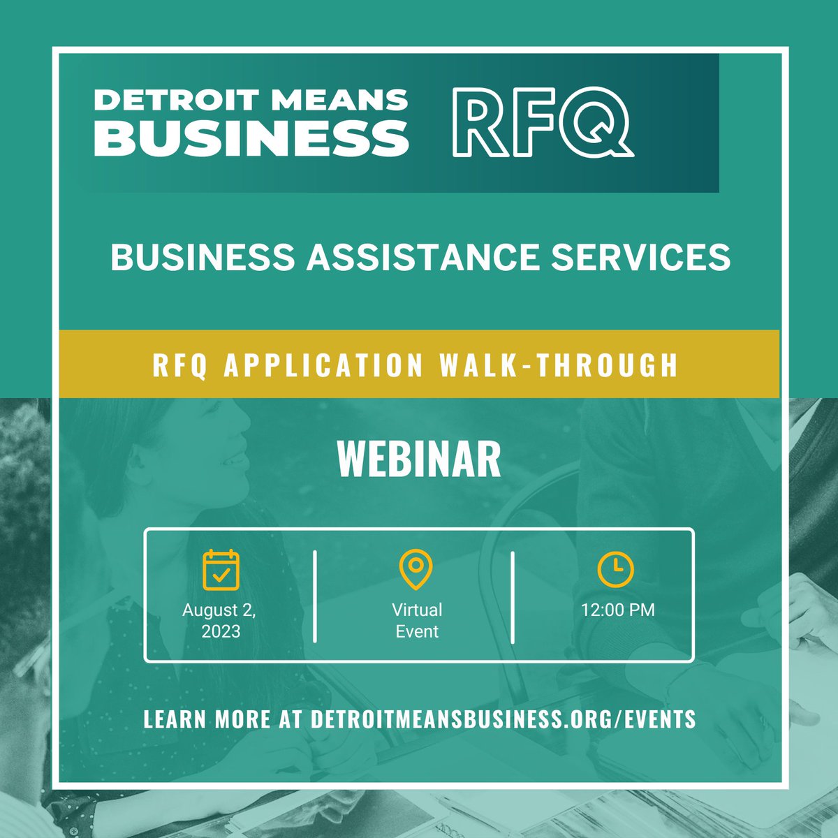 Have questions about the #DetroitMeansBusiness RFQ application process? The DMB team is hosting an RFQ application walk-through webinar tomorrow (8/2) at noon. 

Register for the webinar here 🔗 bit.ly/47gHYjK