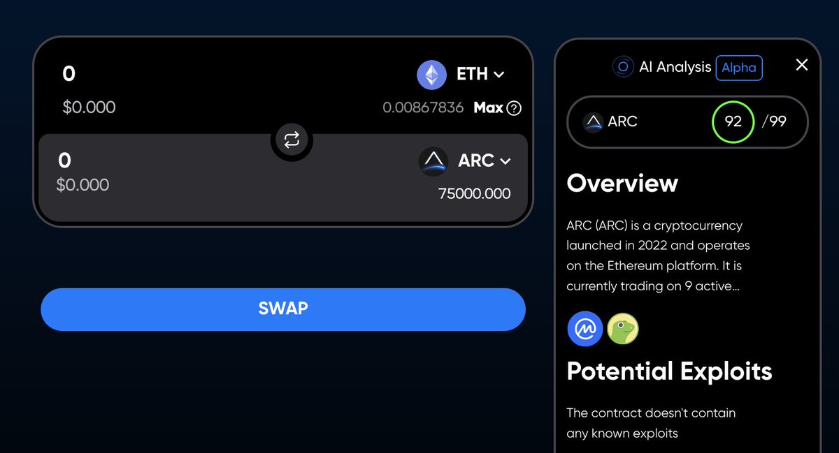Sykodelic_'s tweet photo. The Swaps #AI feature at @DeFi_ARC is dope AF.

It's an #AI powered DEX that:

- Saves you 30%-40% on fees compared to @Uniswap 
- Provides instant Audits on whatever token you're swapping

It's better than $UNI &amp; protects you from rugs...

And $ARC is only under $3m? https://t.co/TQEgRnqRF9
