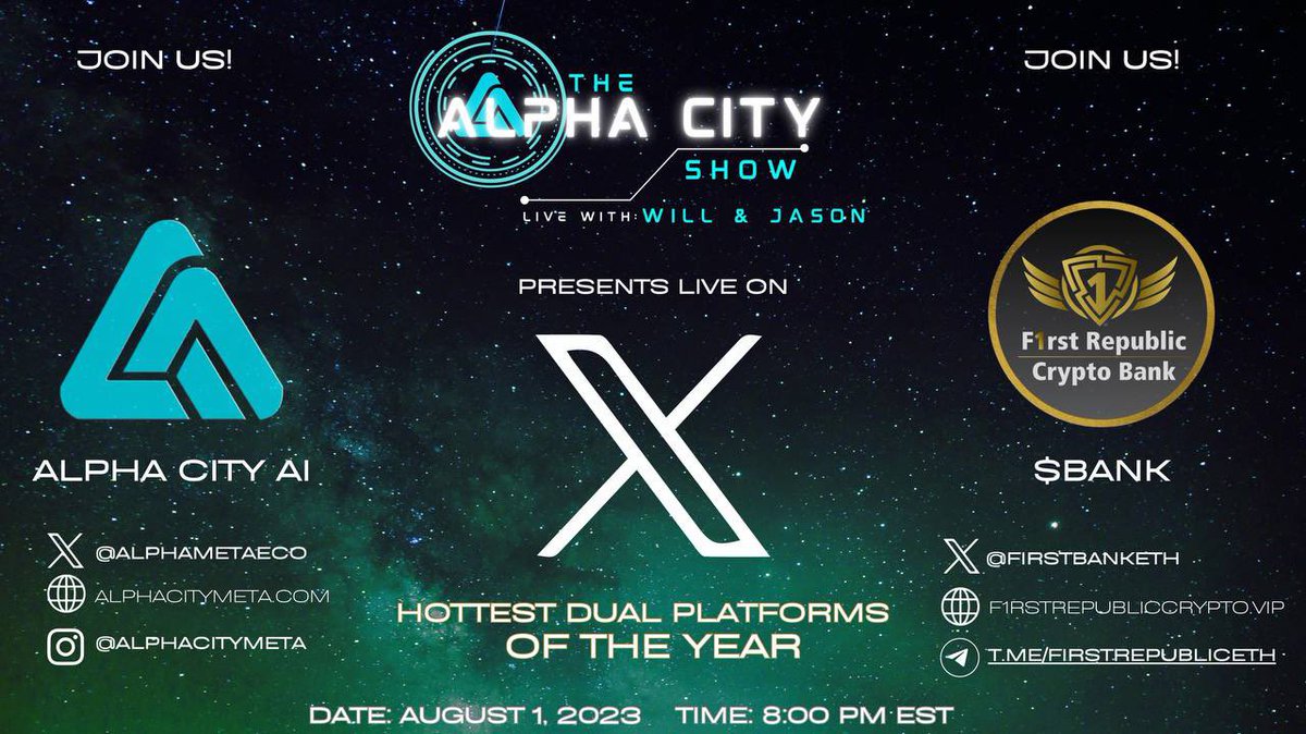 Be sure to join us today at 8pm est USA time for a crypto chat with <a href="/AlphaMetaEco/">Alpha City Meta</a> and @FirstBankETH  on <a href="/AlphaCityShow/">The Alpha City Show !</a> 

👇👇👇👇

x.com/i/spaces/1DXxy…