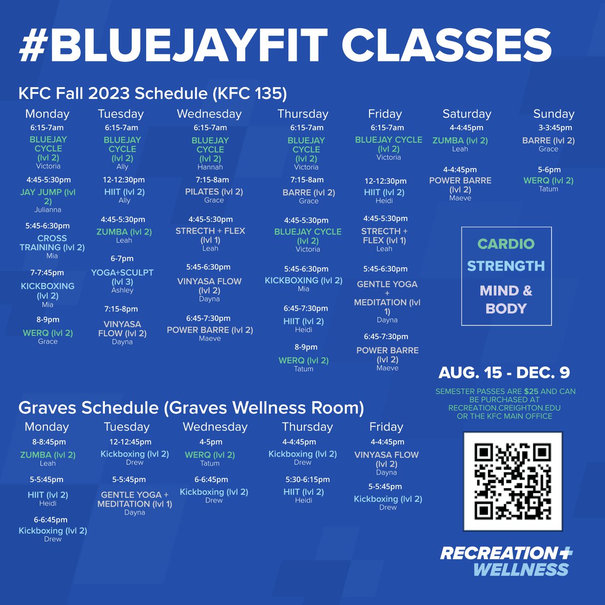 CreightonRec's tweet image. 🌟 Get ready to unleash your inner Bluejay and soar to new fitness heights this fall! 🍂 Our premier group fitness classes will have you feeling confident, strong, and ready to conquer anything. Don't miss out on the high-level experience! #bluejayfit #ReadyToFly