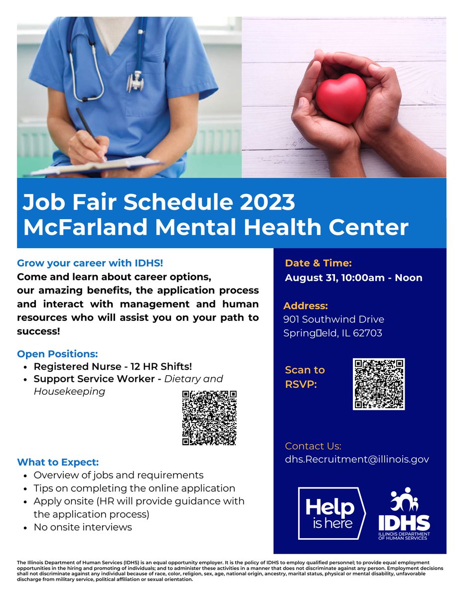 DHS is hosting a job fair at the McFarland Mental Health Center in Sangamon County!

Location: 901 Southwind Drive Springfield, IL 62703
Date/Time: Aug 31, 2023 - 10am-Noon
To RSVP: lnkd.in/gND_2ckF

Please see below for more event info 😉

#JobFair #hiring