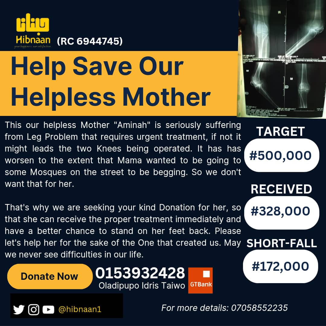 TaqiyahAzeez's tweet photo. #328k RECEIVED
#172K TO GO.
Here are 3 ways you can help MAMA get a corrective treatment and save her from this pain; share our post on your whatsapp status, ask 5 friends to also share, and ask them to donate atleast #500 or #1,000.
We will definitely get there 🙏🏻😢
#SaveMama https://t.co/UFvRNIRRSV