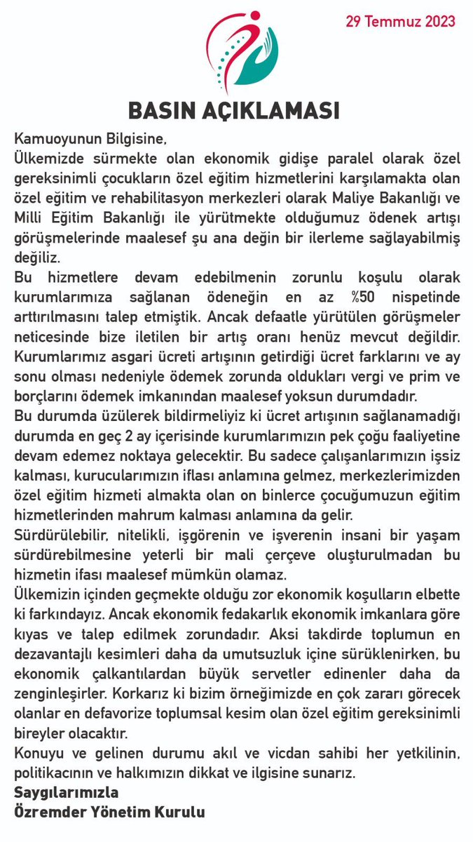gazetedurumtr's tweet photo. 🔴Özel Eğitim ve Rehabilitasyon Merkezleri Derneği'nden (ÖZREM-DER) basın açıklaması:

"Korkarız ki bizim örneğimizde en çok zararı görecek olanlar en defavorize toplumsal kesim olan özel eğitim gereksinimli bireyler olacaktır."

@ozremder06 #özeleğitimverehalitasyon
@tcmeb https://t.co/kls6zfi7xk