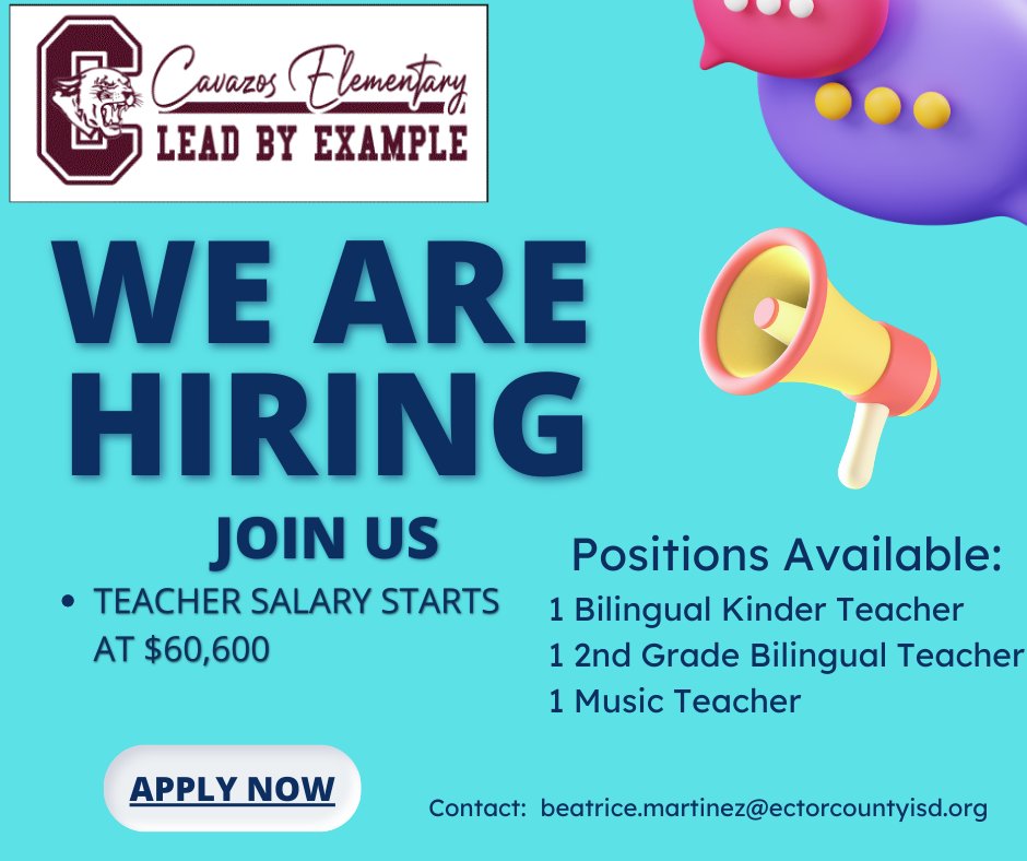 CavazosES's tweet photo. Cavazos is a great place to work - get in touch with Mrs. Martinez for more information! https://t.co/WhG0u5dxPT