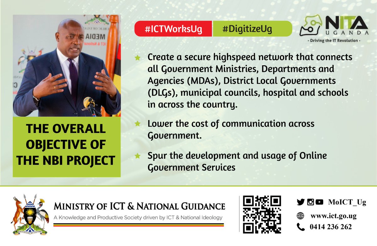 The main objective of NBI is to establish a fast and secure network that links @GovUganda ministries, departments, and agencies, as well as @MoLGUganda Municipal Council, hospitals, and schools across the country. @CHRISBARYOMUNS1
#ICTWorksUg @DMU_Uganda #DigitizeUG @MoICT_Ug