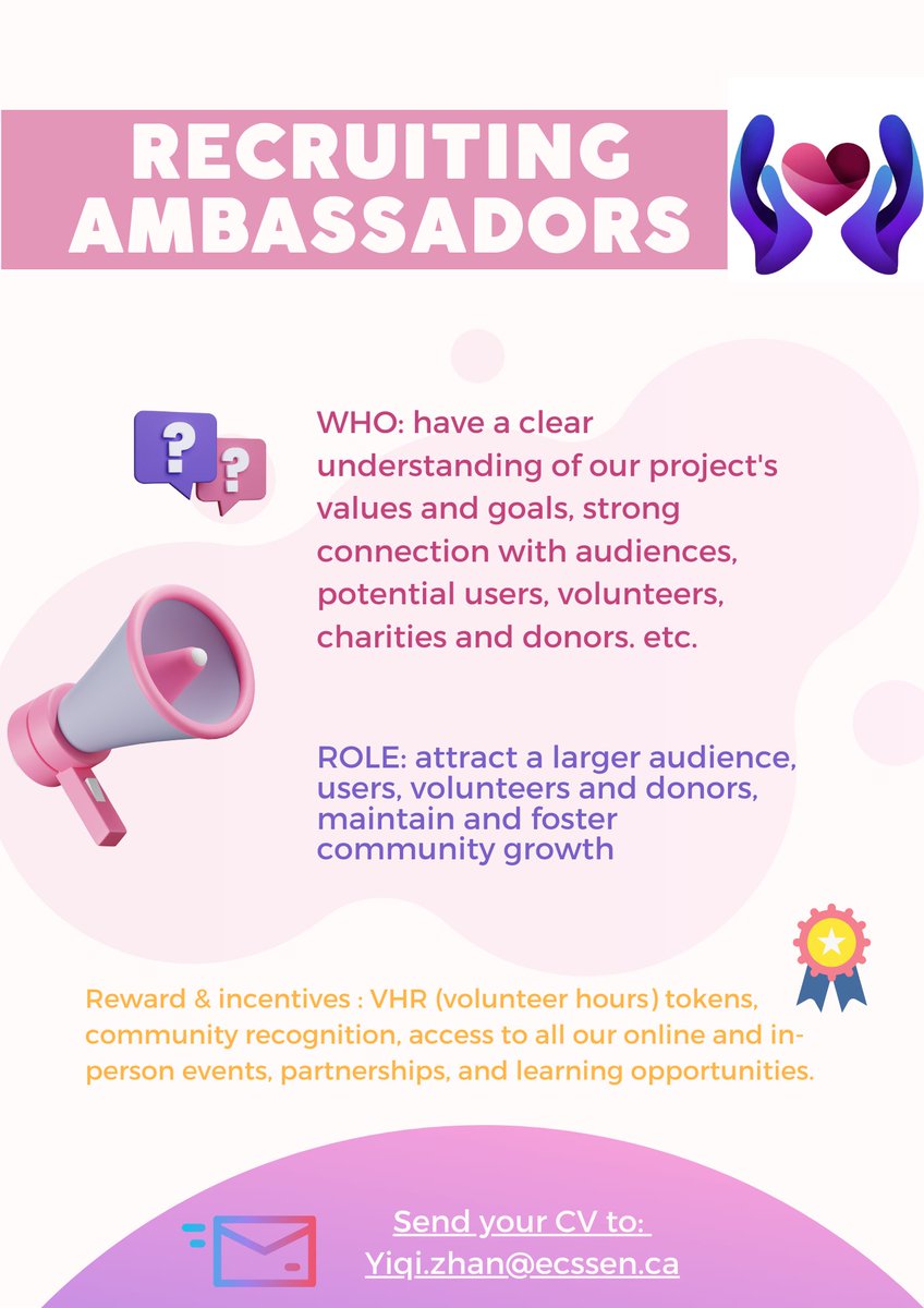 Yiky168's tweet photo. 📢#BcharityFi  is now looking for Ambassadors 🌟

😀If you are interested, please fill out the form as attached  🖇️https://t.co/ueoHobkSQY

🤔If you have any questions regarding the role, please contact me through📧: Yiqi.zhan@ecssen.ca https://t.co/4KxyFc23cn