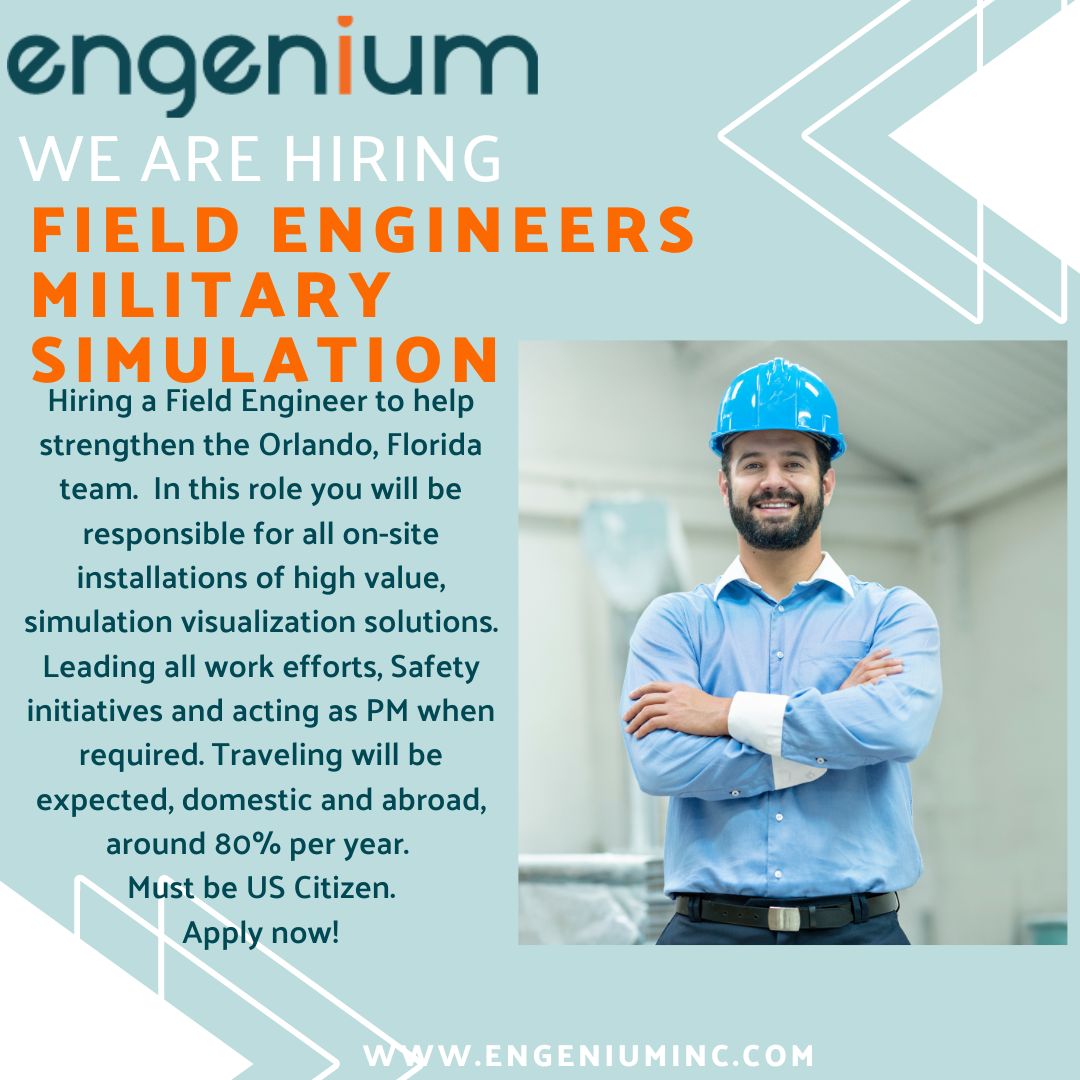 EngeniumCareers's tweet photo. We are looking for Field Engineers to work in Orlando who have a love for travel ✈ Is this you?

To apply click the link! https://t.co/v6eNUvysBt

#fieldengineer #simulation #travel #hiring #jobalerts #network #simulationandtraining #orlandojobs https://t.co/qJidnwSBXp
