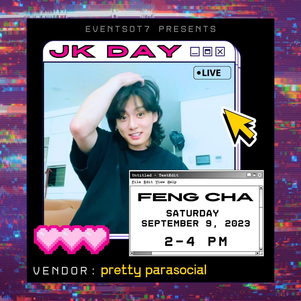 EventsOt7's tweet photo. โญ JK Day is coming!
Join EventsOT7 in celebration of Jungkook's birthday ๐
๐๏ธ Saturday September 9, 2023
๐Feng Cha - 725 N New Ballas Rd.
โณ 2:00pm - 4:00pm
๐ธ Vendor: @pdndesigns
๐๏ธ Tickets on sale now, link in bio!
#eventsot7 #btsevents #jkday2023 https://t.co/3ZMo4RebXr