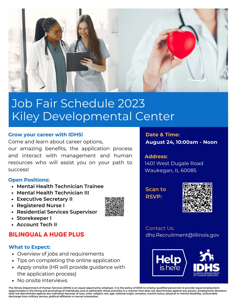 Join DHS for a Job Fair at the Kiley Developmental Center in Lake County. You can expect to gain an understanding of the IDHS #openings and requirements as well as guidance on the #application process.

To RSVP, please click lnkd.in/g7hv9y9s.