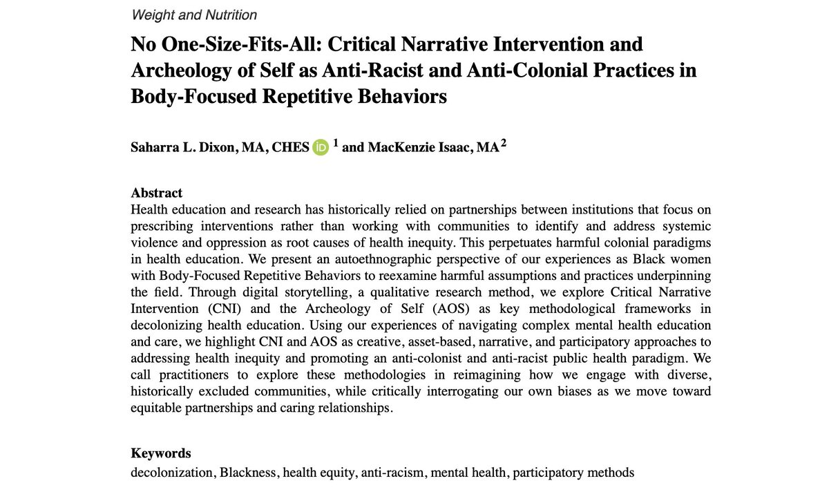 NEW PUB!

No One-Size-Fits-All: Critical Narrative Intervention and Archeology of Self as Anti-Racist and Anti-Colonial Practices in Body-Focused Repetitive Behaviors

This is my first first-author article in a #PublicHealth journal! #ArtsinHealth #BFRBs

journals.sagepub.com/doi/10.1177/10…