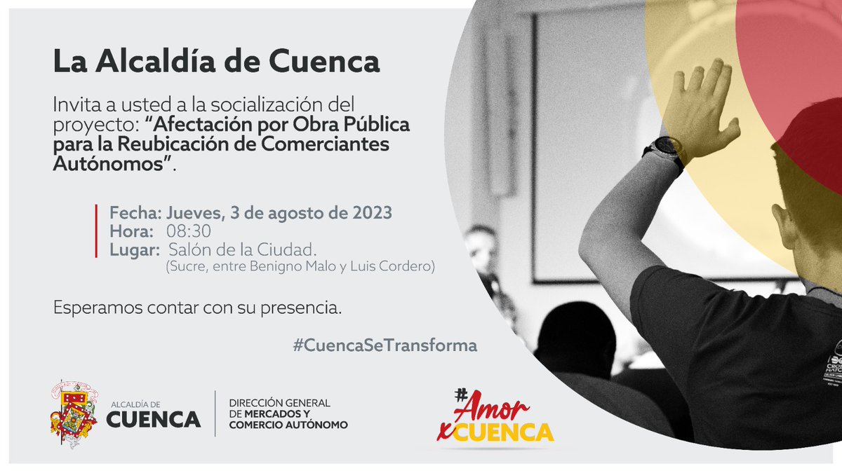 Mercados_Cuenca's tweet photo. Invitamos a los comerciantes autónomos a la socialización del proyecto "Afectación por Obra Pública para la Reubicación de Comerciantes Autónomos"

🗓️Jueves, 3 de agosto de 2023
⏰ 8:30
📍 Salón de la Ciudad (Sucre entre Benigno Malo y Luis Cordero)

#CuencaSeTransforma❤️💛 https://t.co/8R35SmHJNk