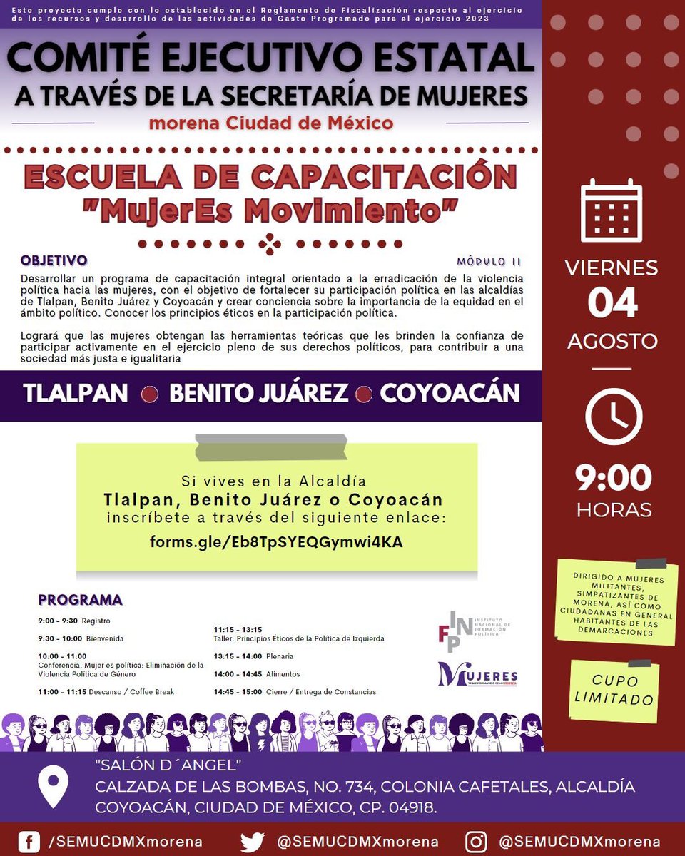 FPolticaCDMX's tweet photo. Te invitamos a participar en la Escuela de Capacitación “MujerEs Movimiento” 😃

Nos vemos este viernes 4 de agosto, inscripciones abiertas.✨ https://t.co/r88eXVx1bG