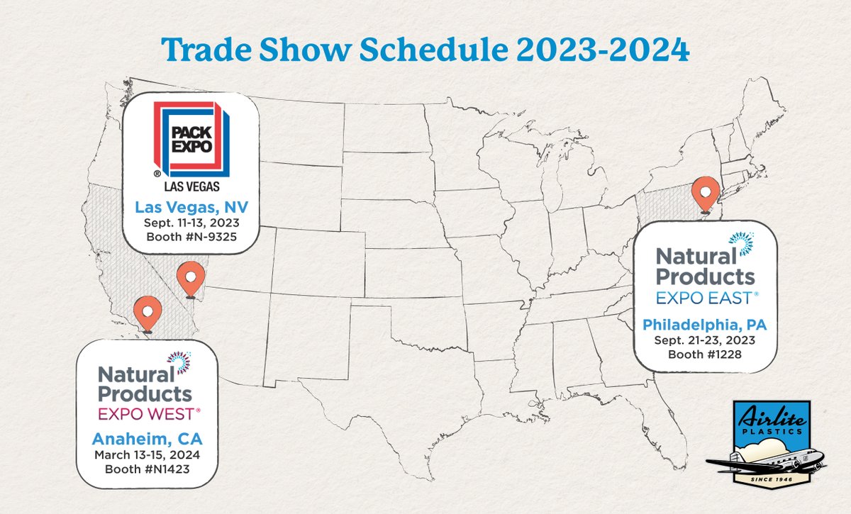 AirlitePlastics's tweet image. It's that time of year again...
As you map out the tradeshows you're interested in attending, consider meeting up with the Airlite team at a convention center near you, or reach out to us anytime at airliteplastics.com/contact-us/

#performancepackaging #imlpackaging #tradeshowseason