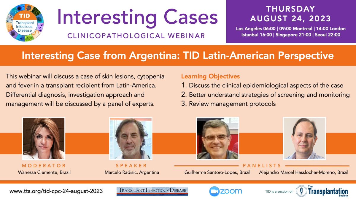 Webinar next week 📢 Join us to learn about 'Interesting Case from Argentina: TID Latin-American Perspective' discussing a case of skin lesions, cytopenia and fever in a transplant recipient from Latin-America. Learn more 👉 tts.org/tid-guidelines… 🗓️ 24 Aug 🕘 9 am (ET)
