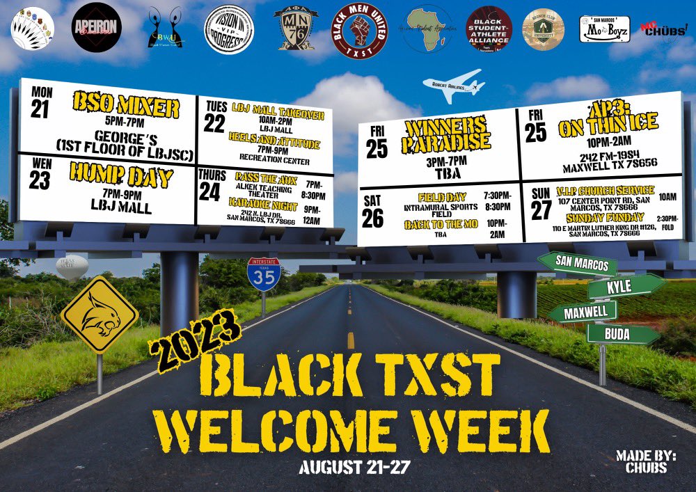 Welcome back, Bobcats! Join us for an unforgettable Welcome Week from August 21-27, filled with exciting events hosted by our Black Student Organizations, including BSA, ASA, BWU, BMU, NPHC, and more! Let's celebrate unity, have fun, make new friends, and create lasting memories