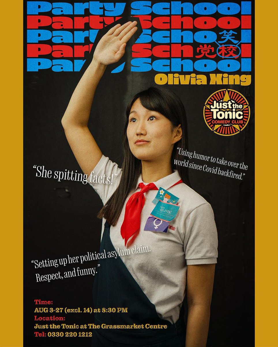 OLIVIA XING: PARTY SCHOOL

@Justthetonic at The Grassmarket Centre | Aug 3-13, 15-27 | 20:30 | £8

Communism, COVID, dictatorship, racism &amp; sexism get the funny treatment from Olivia Xing!

<a href="/iamoliviaxing/">Olivia Xing</a> <a href="/GCP_Centre/">Grassmarket Events</a> #edfringe #edfringe23 

todolist.london/50-unmissable-…