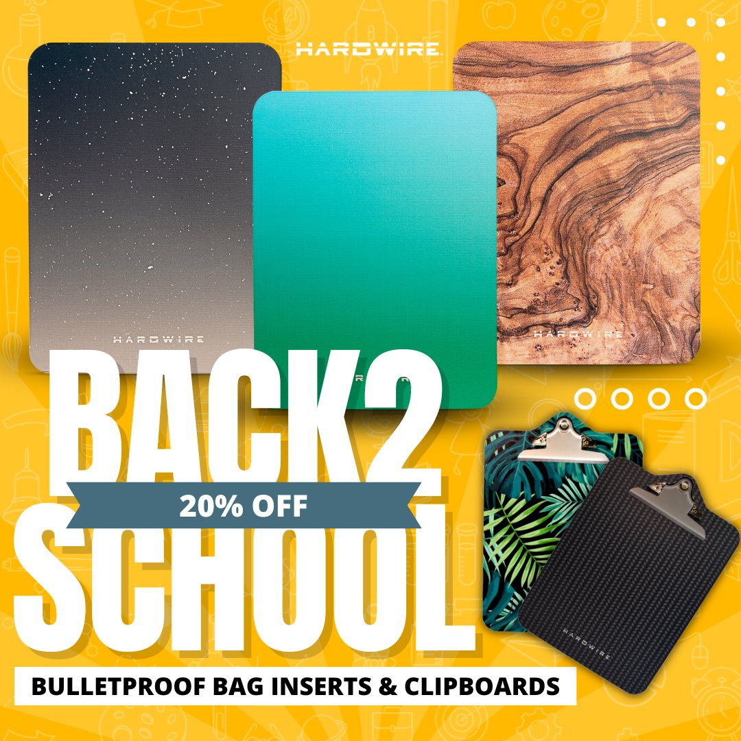 We've got your BACK to school! 20%OFF ballistic bag inserts and clipboards from August 1 - 15, 2023. 
Use checkout code: SCHOOL20
Sale Details via 🔗bit.ly/3DAe38z