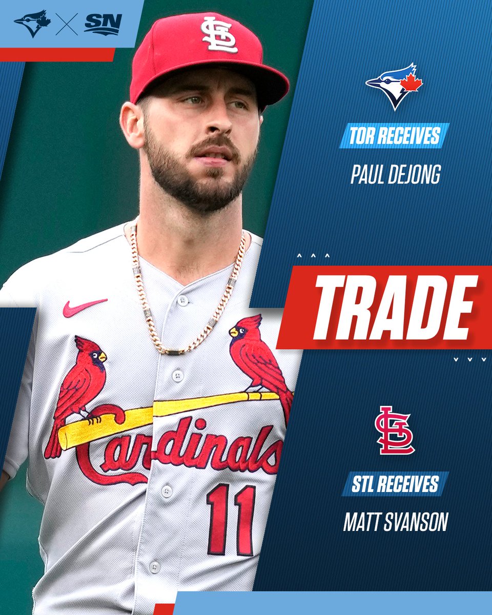 Sportsnet's tweet image. Paul DeJong is Toronto bound, with RHP Matt Svanson heading to St. Louis, per @jonmorosi. 🔁