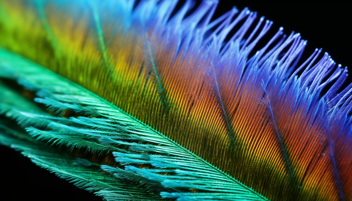 peacock feather, under microscope, --style raw --ar 7:4