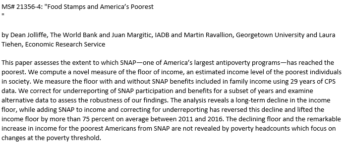 Forthcoming: "Food Stamps and America's Poorest" by Dean Jolliffe, <a href="/jfmargitic/">Juan F. Margitic</a> , <a href="/MartinRavallion/">Martin Ravallion</a> , and Laura Tiehen