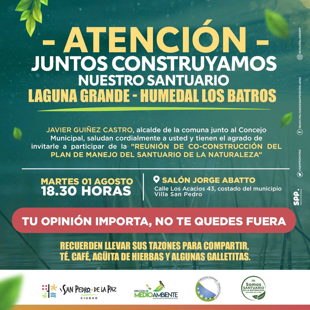 SanPedroPaz's tweet photo. 📌 Hoy hoy hoy, Queridos vecinos y vecinas, si desean participar en la elaboración del Plan de Manejo del Santuario de la Naturaleza de La Laguna Grande y Humedal Los Batros, nos vemos mañana!!!
@medioambientespp
#santuariodelanaturaleza #sanpedrodelapaz #munispp https://t.co/A9eTeAEMS5